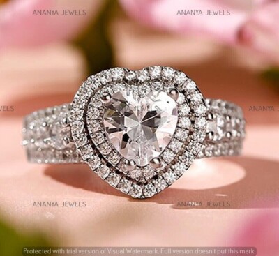 Lab-Created Diamond 2.50 CT Heart Double Halo Wedding Ring 14K White Gold Plated