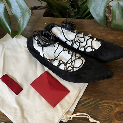 Valentino Garavani Black Suede Rockstud Ballerina Gladiators EU36