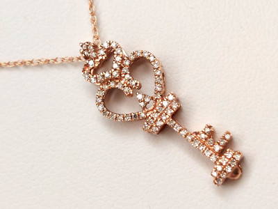 ZARTE 10K MASSIVE ROSÉGOLD DIAMANT SCHLÜSSEL & HERZ ANHÄNGER KETTE 18''