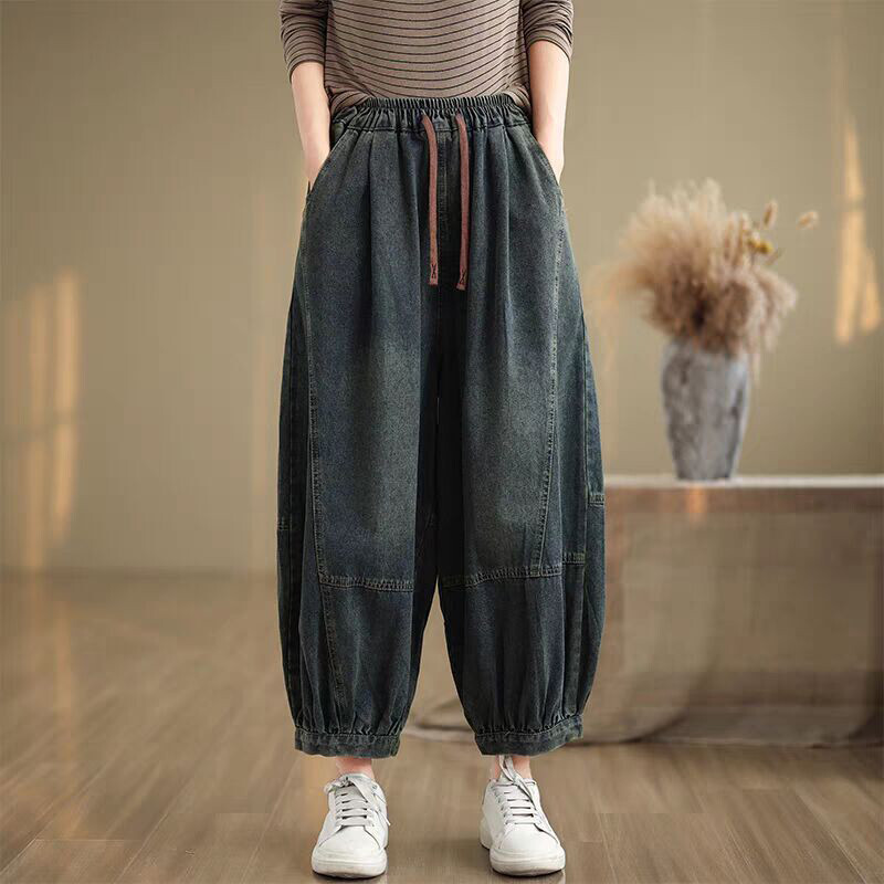 2025 Retro Womens Denim Drop Crotch Harem Pants Jeans Drawstring Casual Trousers