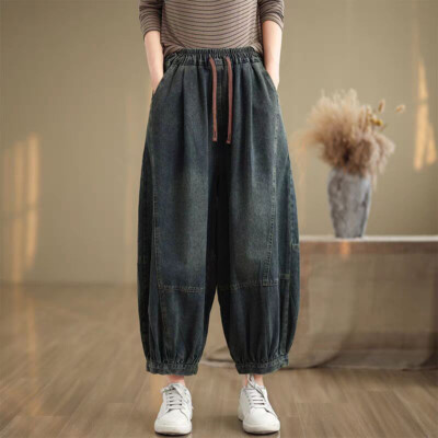2025 Retro Womens Denim Drop Crotch Harem Pants Jeans Drawstring Casual Trousers