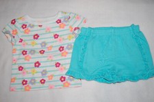 Baby Girls Outfit FLOWER  STRIPE T-SHIRT Multi-Color AQUA SHORTS Ruffles 0-3 MO