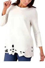 Attitudes by Renee Floral Embroidered Hem Top White