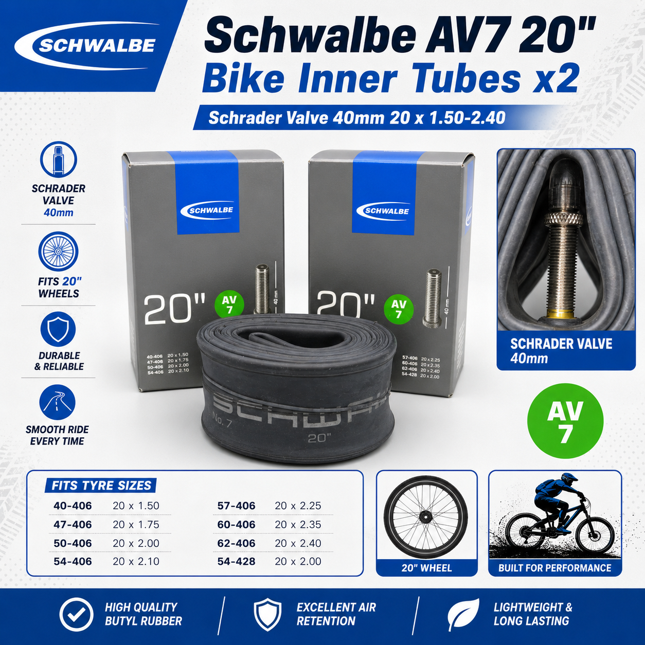 Schwalbe AV7 20"" Bike Inner Tubes x2 Schrader Valve 40mm 20 x 1.50-2.40
