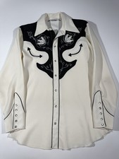 Vintage H Bar C Western Shirt Embroidered Pearl Snap Ranchwear Sz M Flower White