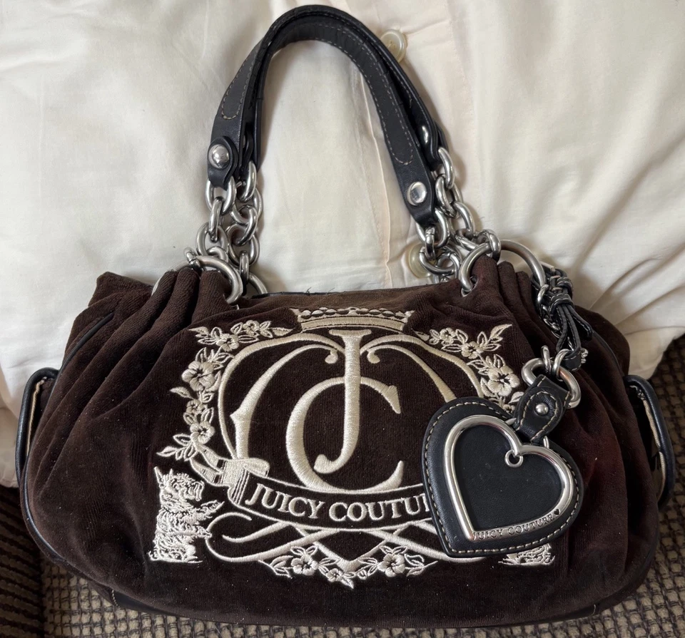 Juicy Couture Y2K Vintage Retro Marrón Terciopelo Terciopelo Hobo Bolso de Hombro Cartera Foto 3 de 4