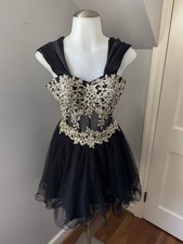 Y2K Blondie Nites by Stacy Sklar Black Corset Tulle Dress Gold Floral Detail 1