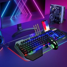 Wireless Gaming Keyboard Mouse Combo RGB LED Backlit Black Rainbow Rechargeable