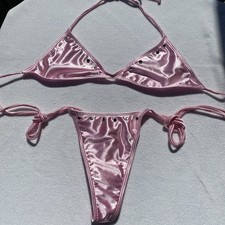 Large Stretch Satin Thong Pink Bikini With Silver Studs