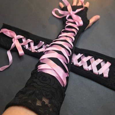 Long Corset Gloves Baby Pink Arm Warmers Black Lace Up with Ribbons Bows Gothic