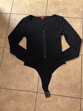 GUESS Black Long Sleeve Button Bodysuit Solid One Piece Regular Women Size S