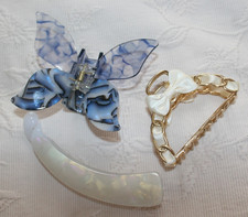 Set of 3 hair barrettes Gold tone metal Acrylic Blue Butterfly Whie oval metal