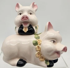 Cute Ceramic Cuddling Pigs Salt and Pepper Shakers Hand Painted Rubber Stoppers