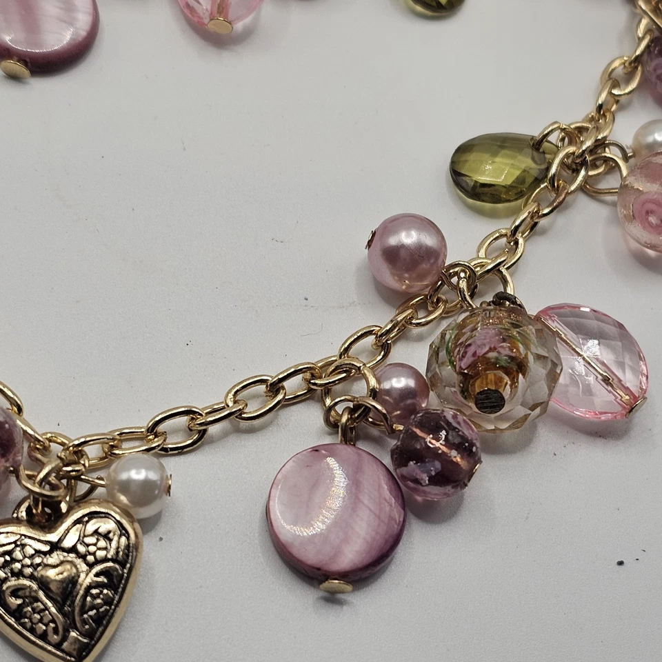 Collar Grueso Tono Dorado Erica Lyons Rosa Cuentas 2 Hilos Declaración EL Foto 2 de 4