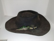 Vintage Black Wool Wide-Brim Hat With Feather Accent  Decorative Emblem