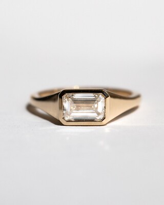 Bezel Set East West Emerald Cut Moissanite Solitaire 925 Engagement Ring For Her