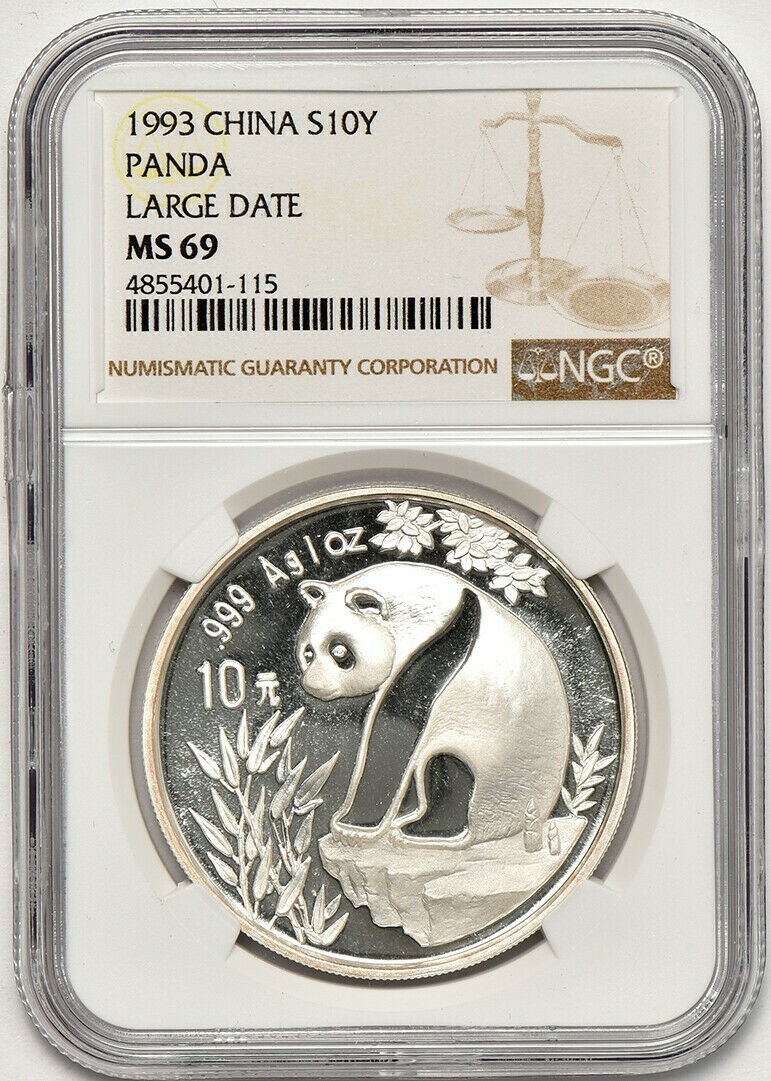 1993 Large Date 1oz Silver Chinese Panda, China PRC 10 Yuan, NGC