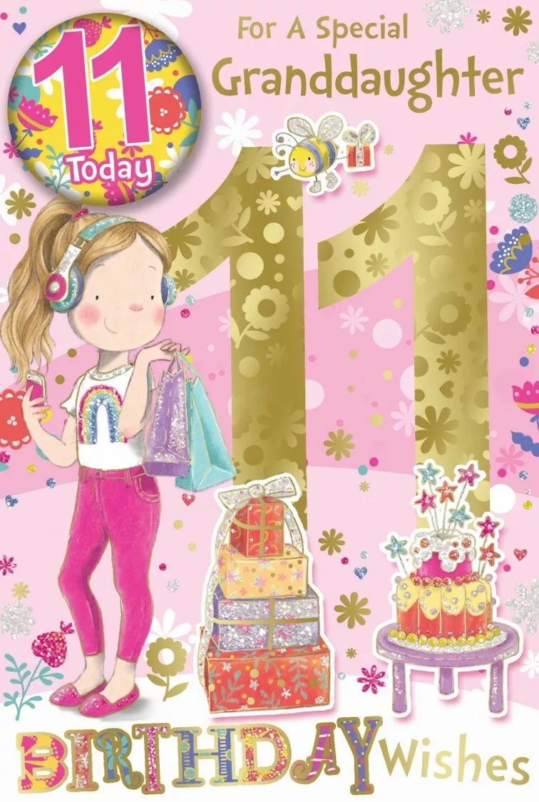 Granddaughter 11th Birthday Card & Badge - 11 Today Girl Cake Foil Glitter 9x6" 5055711201142