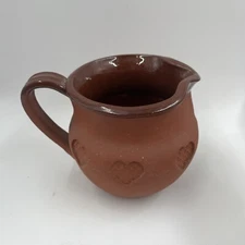 Redware CN Foltz 1985 Squat Pitcher Incised Hearts Glazed Interior Vintage