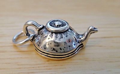Sterling Silber 3D 13x13mm 3 Gramm Altmodisch Kaffee Tee Kanne Wasserkocher Charm
