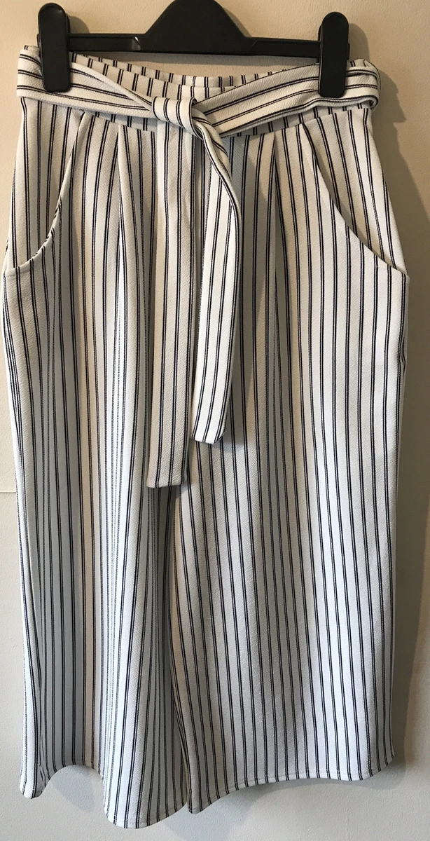 Ladies Navy Blue White Stripe Cropped Trousers Size 8 With Belt By Quiz