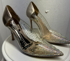 Badgley Mischka Women 8 39 Rhinestone Clear Pointy Toe Pumps 3.5" Heels Shoes