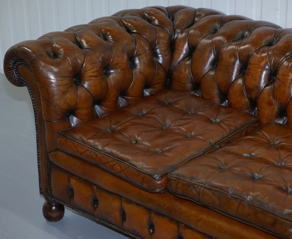 FULLY SPRUNG THOMAS CHIPPENDALE RESTORED AGED BROWN LEATHER CHESTERFIELD SOFA — 第 4/4 张图片