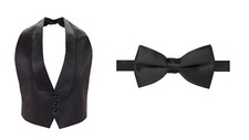 Mens Fully Adj. Black Satin Tuxedo Vest Bow Tie Fit All Low Cut FREE SHIPPING