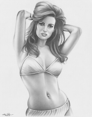 Raquel Welch 11x14 Original Graphite Drawing Pin Up Bikini