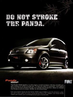2007 Fiat Black Panda 100hp Sports Car Print Ad - Do not Stroke the Panda