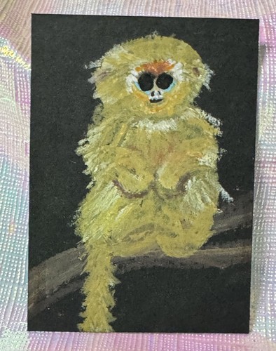 ACEO Original Painting Monkey Primate Cute Brown Blue Face Pastel AnnieMakesArt
