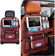 Leather Car Seat Back Organizer Foldable Tray Table 8 Pocket Storage Wine Red
