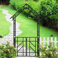 Metal Garden Arch with Gate 58x97in Rose Climbing Plants Support Black