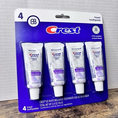 Brush Buddies Crest 3D White Brilliance Travel Toothpaste, 4 pack 0.85oz Tubes