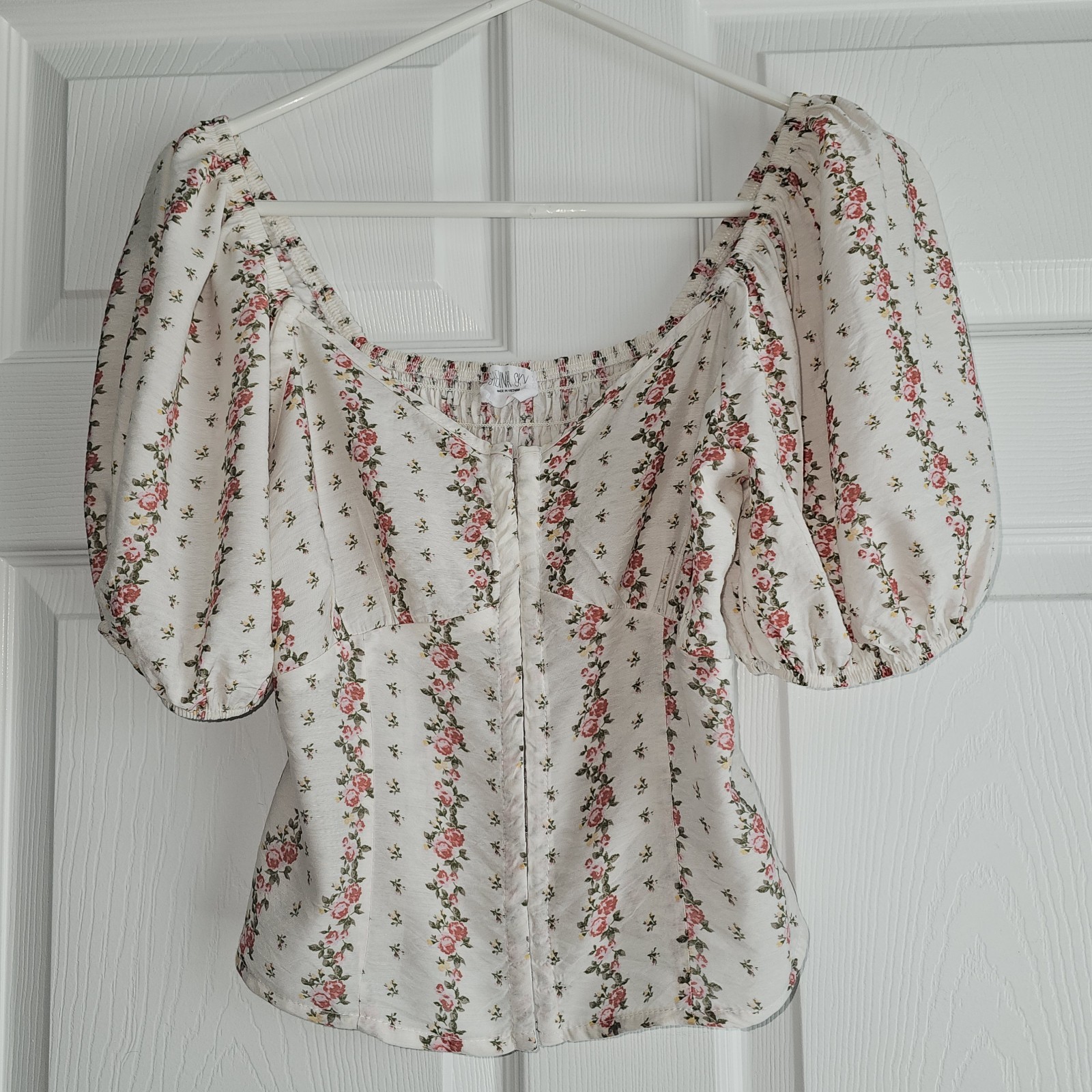 Corset Style Crop Top Puff Sleeves Smocked Floral Cottagecore Milkmaid Boho S-image