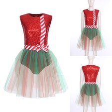 Womens Christmas Elf Dress Mesh Stripe Halloween Outfit Festival Costume Show