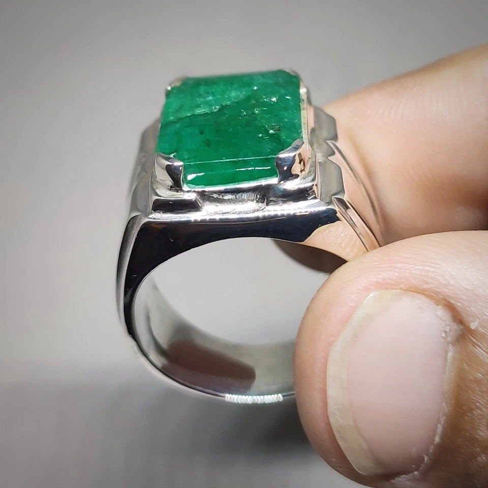 Mens Emerald Ring, Natural Beryl 925 Sterling Silver Ring, Zamurd Ring For Men - Image 3 of 4