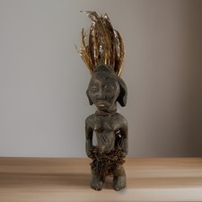 Authentic African Wooden Statue Hand Carved Tribal Figure / Bronze