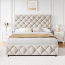 Upholstered Queen Platform Bed Frame with 4 Storage Drawers Adjustable Headboard