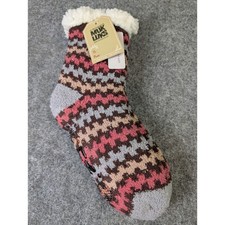 Muk Luks Aloe Infused Slipper Socks Pink Brown Houndstooth Faux Fur Lining S/M