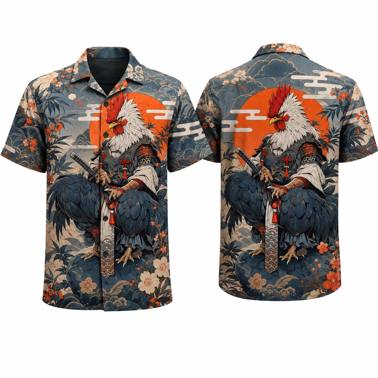 Japanese Samurai Rooster Hawaiian Shirt Button Down Katana Warrior Summer Shirt