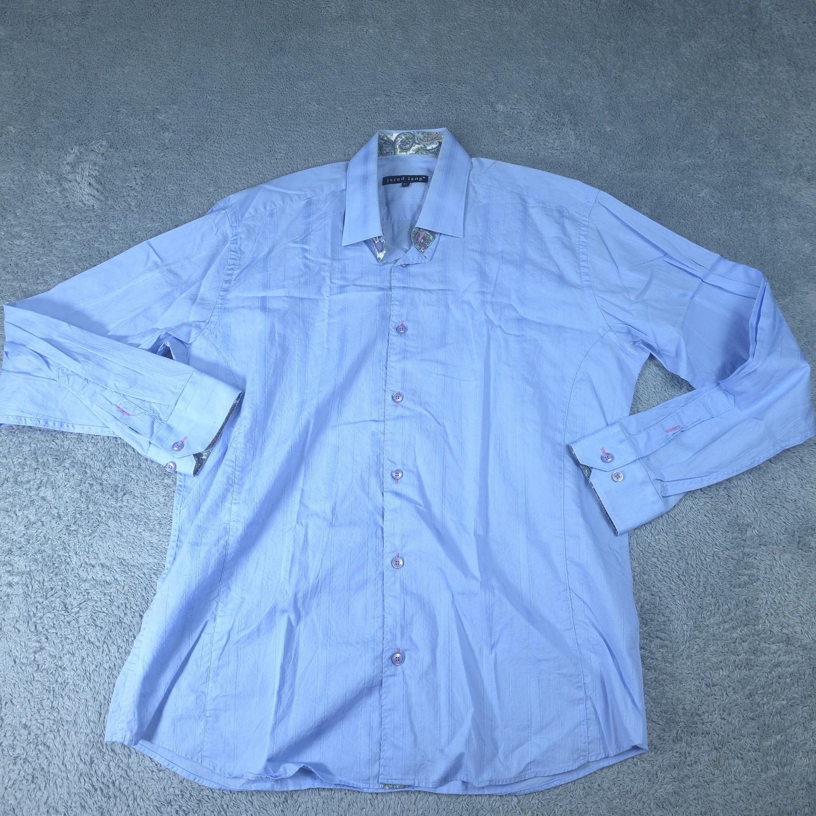 Jared Lang Shirt Mens XL Blue Solid Paisley Trim Long Sleeve Button Up Casual