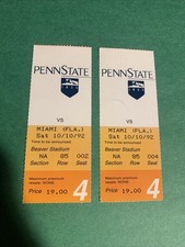 Penn State- Miami Lot Of 2 Tickets Oct.10/1992 Beaver Stadium 