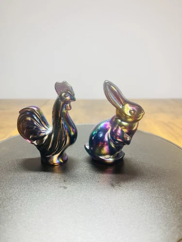 Vintage 1997 Fenton Rooster & Rabbit Carnival Glass Bunny & Rooster Figurines 💎