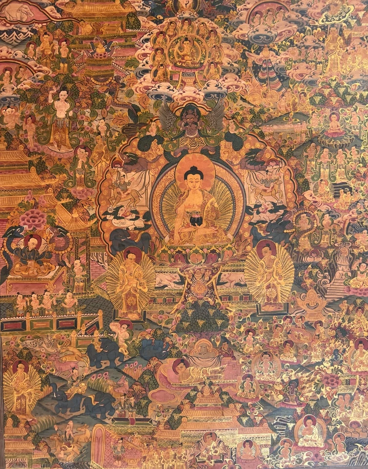 MANDALA VIDA DE BUDA/RUEDA DE LA VIDA ANTIGUA PINTURA THANGKA TIBETANA BARNIZADA AL ÓLEO Foto 4 de 4