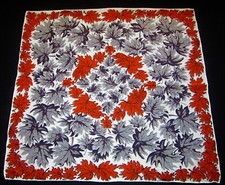 Vintage Hankie Autumn Orange and Gray Leaves Galore Hand Rolled