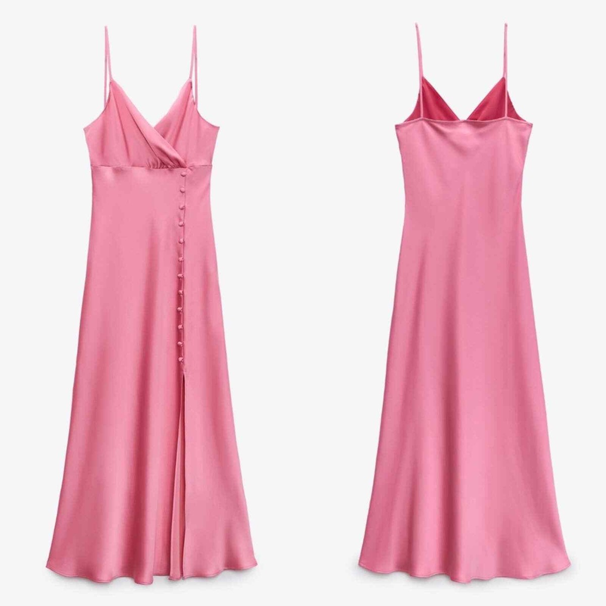 ZARA NEW SATIN BUTTONED SLIP DRESS MIDI BUBBLE GUM PINK S,M,L
