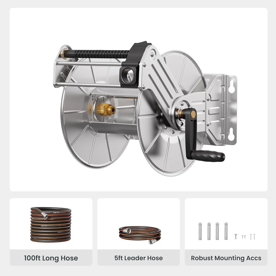 Giraffe Tools Stainless Steel Garden Hose Reel Heavy Duty with 5/8" x 100ft Hose - Image 2 of 4