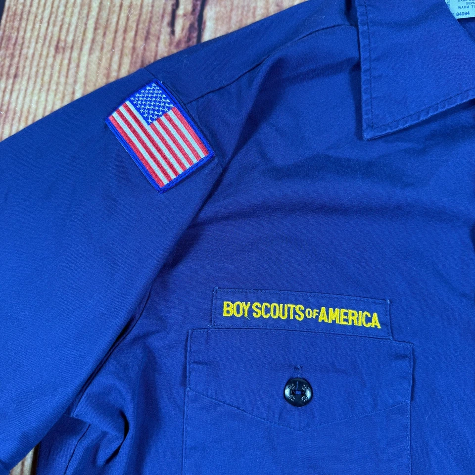 Vintage Boy Scouts Shirt Youth XL Blue America Uniform USA Button Outdoors Flag - Image 4 of 4