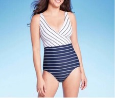 Women s Kona Sol Full Coverage One Piece Swimsuit Navy Stripe Size S Retail 40